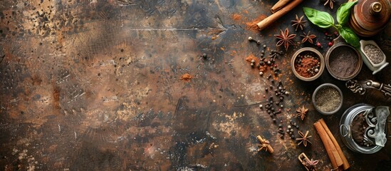 Poster - Old background on kitchen table with spices and seasonings decor displayed, perfect for food blogs, with copy space image.
