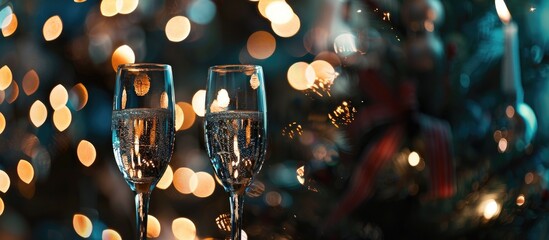 Poster - new year's eve ambiance with bokeh effect, fireworks display, and champagne glasses, perfect as a co