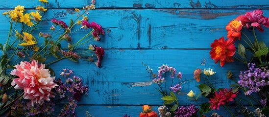 Poster - Floral arrangement on blue wooden boards. Ideal for adding text to the copy space image.