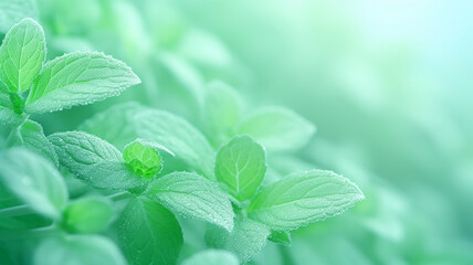 Wall Mural - mint leaves close-up, delicate green background postcard
