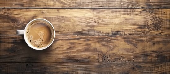 Aufkleber - Top view of a coffee cup on a wooden surface with empty space for an image. Copy space image. Place for adding text and design
