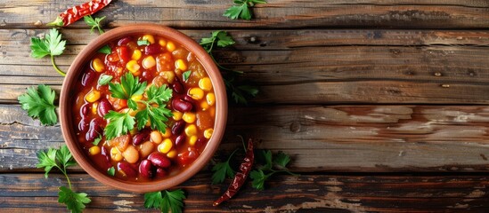 Poster - A rustic bowl of tasty chili bean soup on a wooden background with ample copy space image.