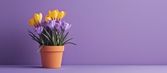 Aufkleber - A flower pot displaying crocuses is set against a purple backdrop with copy space image.