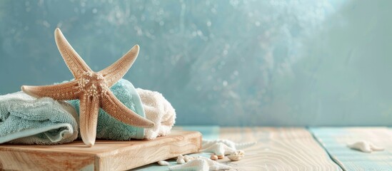 Aufkleber - Starfish-adorned towels displayed on a wooden surface with a light blue backdrop, offering ample copy space image.