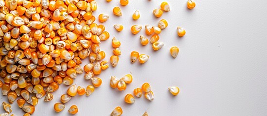 Aufkleber - Top-down view of dried corn kernels on a white background, perfect for popcorn, with ample copy space image available.