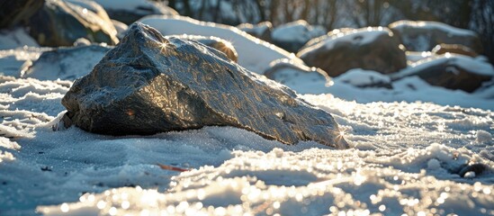 Poster - Snow-covered ground in winter with a sparkling texture under sunlight, highlighted by a lone rock in the background, creating a picturesque copy space image.