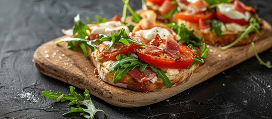 Wall Mural - Variation of quick pizza on toasted bread with tomato, bacon, mozzarella, and arugula; ideal for fast food, copy space image.