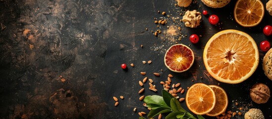 Aufkleber - A fresh and appetizing arrangement on the table with halved citrus, golden nuts, two sweet biscuits, and a juicy fruit flavor, all complemented by an enticing copy space image.
