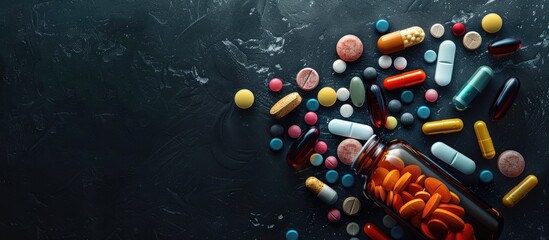 Aufkleber - Various pills, tablets, and capsules of pharmaceutical medicine alongside a bottle on a dark backdrop, offering a spacious area for including text with the image. Copy space image