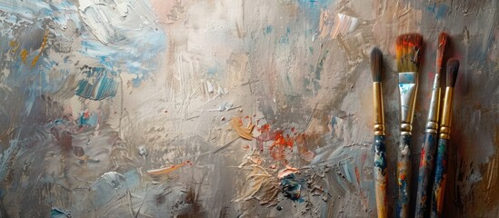 Aufkleber - In the artist's studio, you can find old painting brushes with colored paint smudges, displayed against a copy space image.