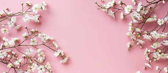Poster - Delicate white flowers on a pastel pink background with copy space image. Illustrating a springtime theme from a top-down perspective.