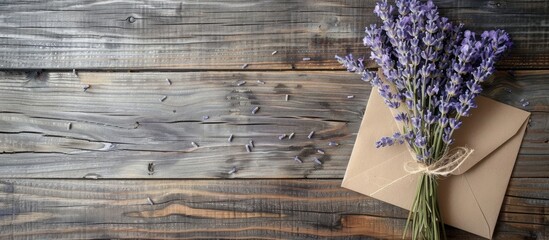 Poster - Vintage wooden background with a greeting card mockup, envelope, and dry lavender bouquet, top view, allowing space for an image. Copy space image. Place for adding text and design