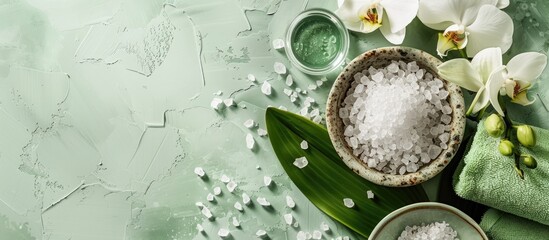 Poster - A serene spa scene featuring a green color palette, an elegant orchid, and a bowl of salt, all displayed on a white backdrop with copy space image.