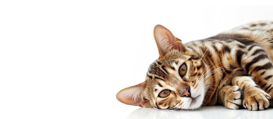 Poster - Two Bengal cats are resting on a white background with ample copy space image available.