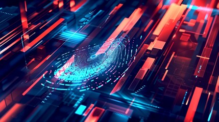 Aufkleber - Futuristic digital fingerprint in vibrant neon colors background. Conceptual abstract design for technology and cyber security. This high-tech image features a mix of red and blue hues. AI