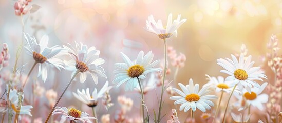 Poster - A beautiful arrangement of daisies in a field with a light backdrop, perfect for a copy space image.