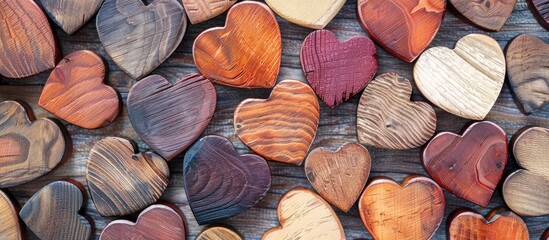 Poster - Wooden hearts pattern with copy space image on a wooden heart background, perfect for children's party decorations and greeting cards.