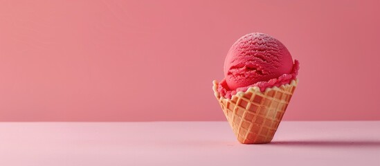 Wall Mural - Red ice cream in a waffle cup against a pink background with copy space image.