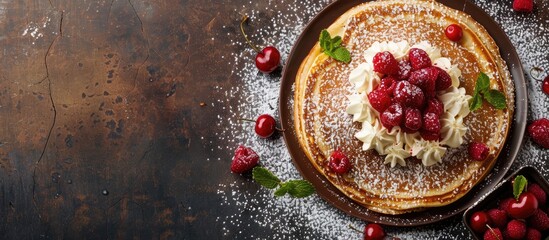 Aufkleber - Top view of a delicious dessert menu concept featuring thin pancakes. The image provides ample copy space for text in the background.