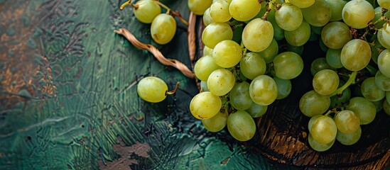 Poster - Close-up top view of ripe, big, beautiful green grapes with a mix of sweet and sour flavors, making them a delicious and useful option for healthy eating with copy space image.