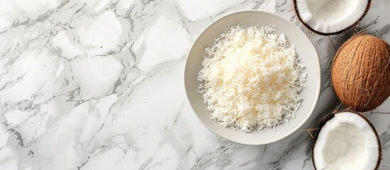Aufkleber - White marble background with copy space image featuring coconut halves and freshly grated flakes in a white bowl. Angle view included.