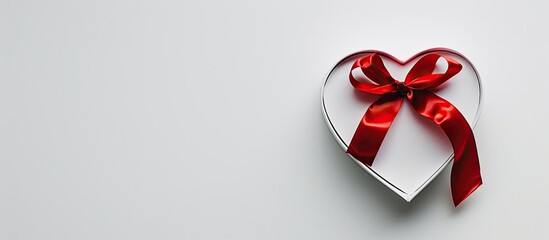 Poster - Heart-shaped gift box with red ribbon on a white backdrop, ideal for Valentine's Day or anniversary celebrations, with ample copy space image.