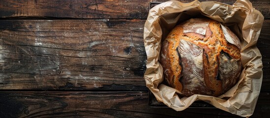 Poster - A rustic sourdough bread loaf placed in a square metal baking pan with parchment paper, set on a dark wooden surface, captured in a horizontal photo with ample copy space image.