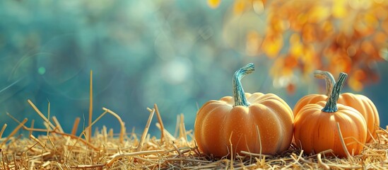 Poster - In Autumn, pumpkins showcased on a hay bale with copy space image.