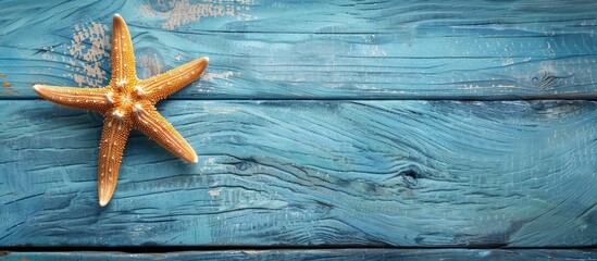 Leinwandbilder - Starfish on a blue wooden surface with a blank area for additional images.