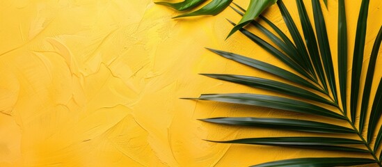 Poster - Flat lay composition featuring a palm leaf against a vibrant yellow backdrop with ample copy space for text, creating a tropical aesthetic with a large tropical plant branch. Close-up view.