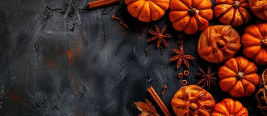 Poster - Top view of delicious pumpkin-shaped buns and cinnamon on a dark backdrop with room for text, ideal for a copy space image.