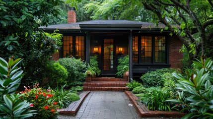 Wall Mural - A house with a brick walkway leading up to it. The house is surrounded by a lush green garden