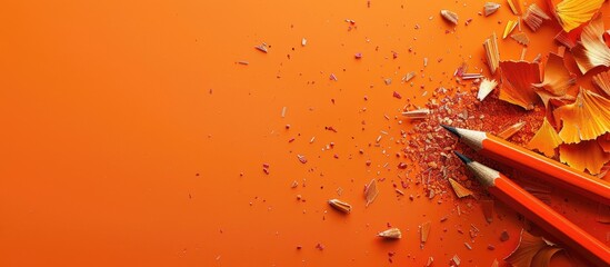 Poster - Top view of orange background with pencil shavings, providing copy space image.
