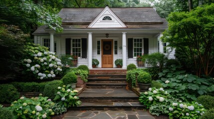 Wall Mural - A white house with a porch and a white trim. The house is surrounded by a lush green garden with flowers and bushes