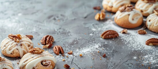 Fototapete - Cookies with nuts and white icing on a concrete background, with space for text or graphics. Copy space image. Place for adding text and design
