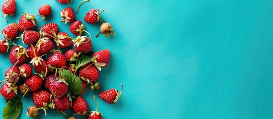 Poster - Fresh wild strawberries on a vibrant turquoise background with copy space image.