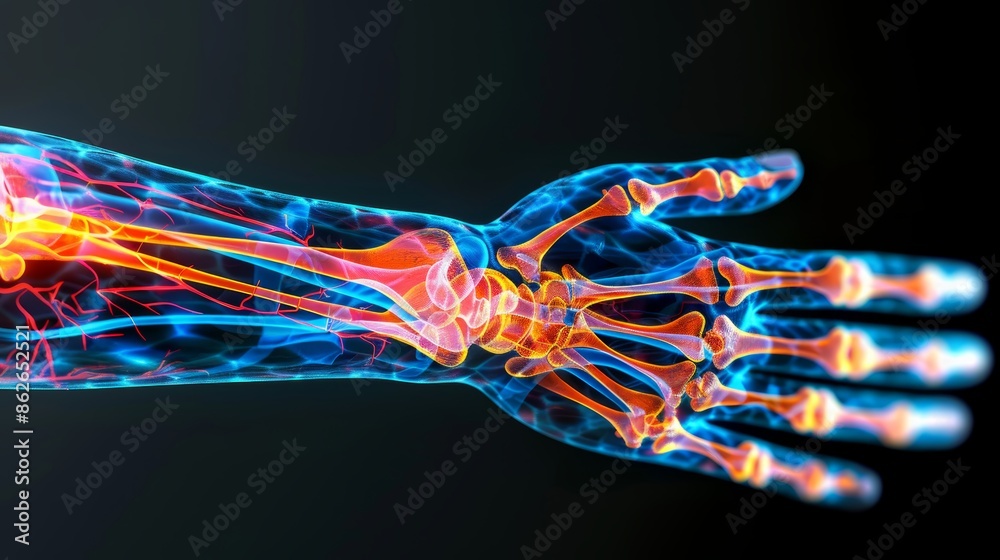 A detailed anatomical illustration of a human arm and hand ...