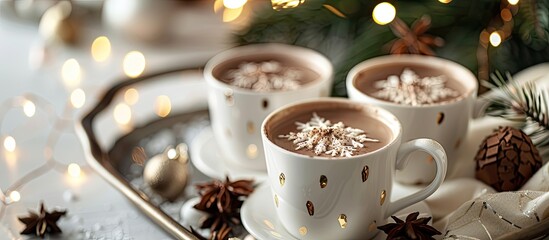 Aufkleber - Horizontal image with white glasses filled with hot chocolate on a tray decorated for New Year's, offering room for additional content.