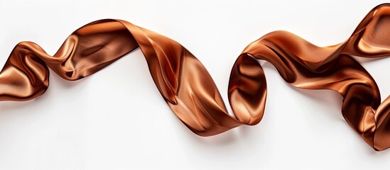 Poster - Flat lay of a shiny brown silk ribbon against a white background, creating a festive atmosphere in the copy space image.