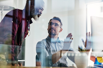 Aufkleber - Business people, manager and collaboration on computer for advice, feedback or problem solving at tech company. Mature man and programmer explaining software for workflow solution, choice or decision
