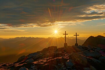 Wall Mural - three silhouetted crosses on mountain peak at sunrise dramatic sky with warm golden light and subtle lens flare symbolic and spiritual atmosphere