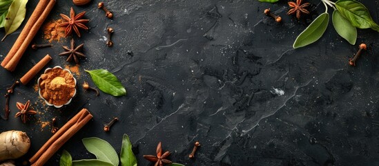 Poster - Top view of gourmet sweet spices including cinnamon, ginger, and leaves on a black stone backdrop for desserts and cakes, with visible copy space image.