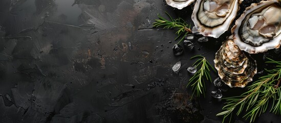 Poster - Top view of fresh oysters on a black background with free copy space image.