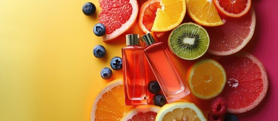 Poster - Fruit perfume bottles displayed on a colorful background with copy space image.