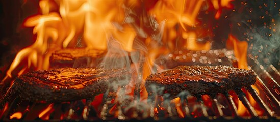 Poster - Copy space image of a flaming grill searing herb and spice-coated steaks with selective focus.