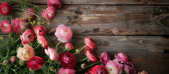 Poster - On a wooden backdrop, lovely ranunculus flowers accompany a copy space image.