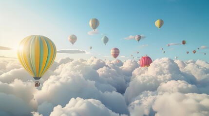 Wall Mural - A mesmerizing scene of colorful hot-air balloons soaring above the fluffy white clouds, with the view extending into a clear blue sky