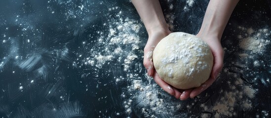 Poster - Close-up image showing dough being held by hands, perfect for baking, with space for text. Copy space image. Place for adding text and design