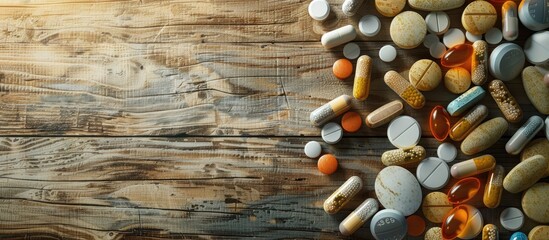 Canvas Print - Various pills, tablets, and capsules displayed on a wooden table with copy space image, illustrating a concept related to medicine and healthcare.