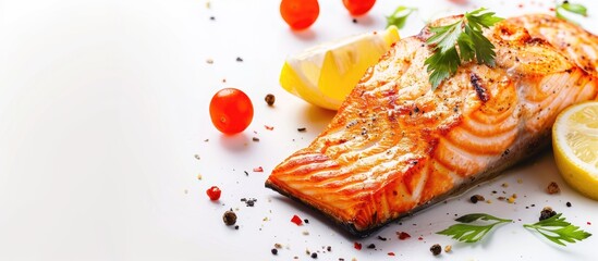 Wall Mural - Banner design featuring a mouthwatering grilled salmon on a white background with copy space image.